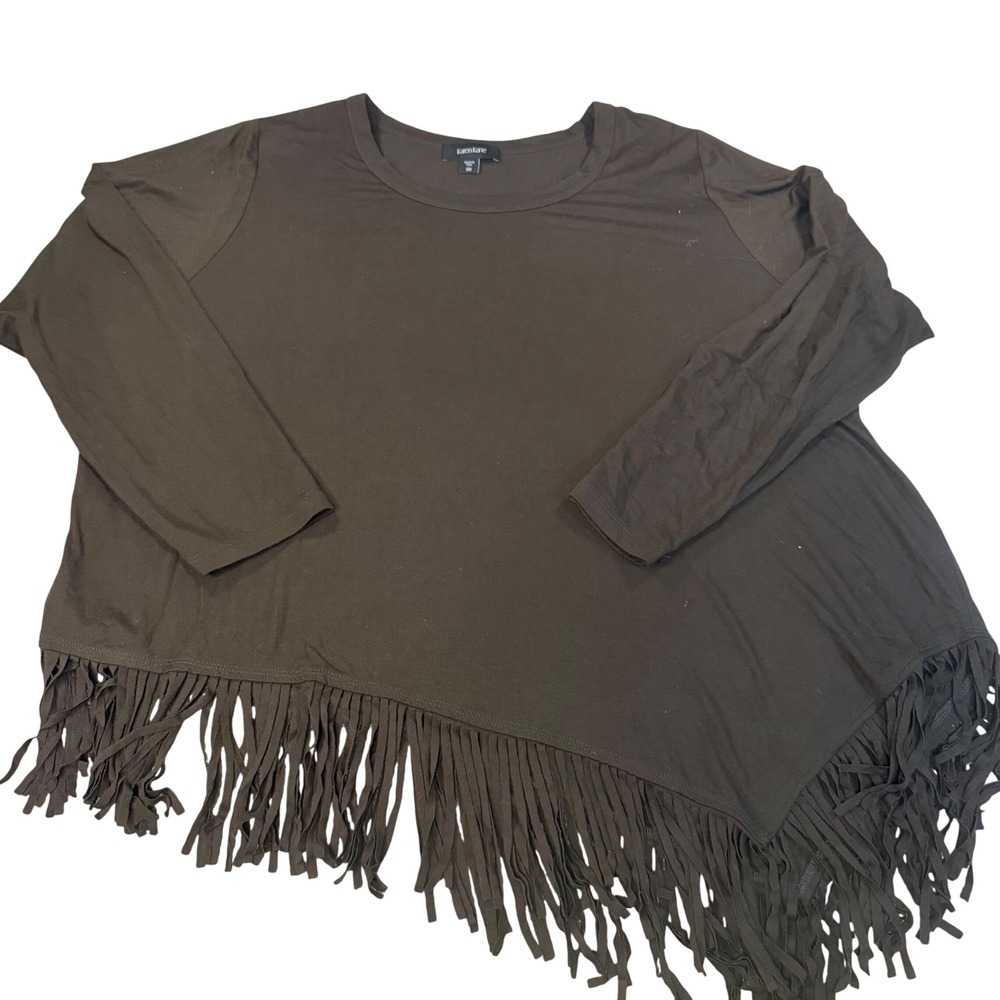 Karen Kane Women 3X Dark Olive Brown Asymmetrical Fringe Hem Long Sleeve Top NEW